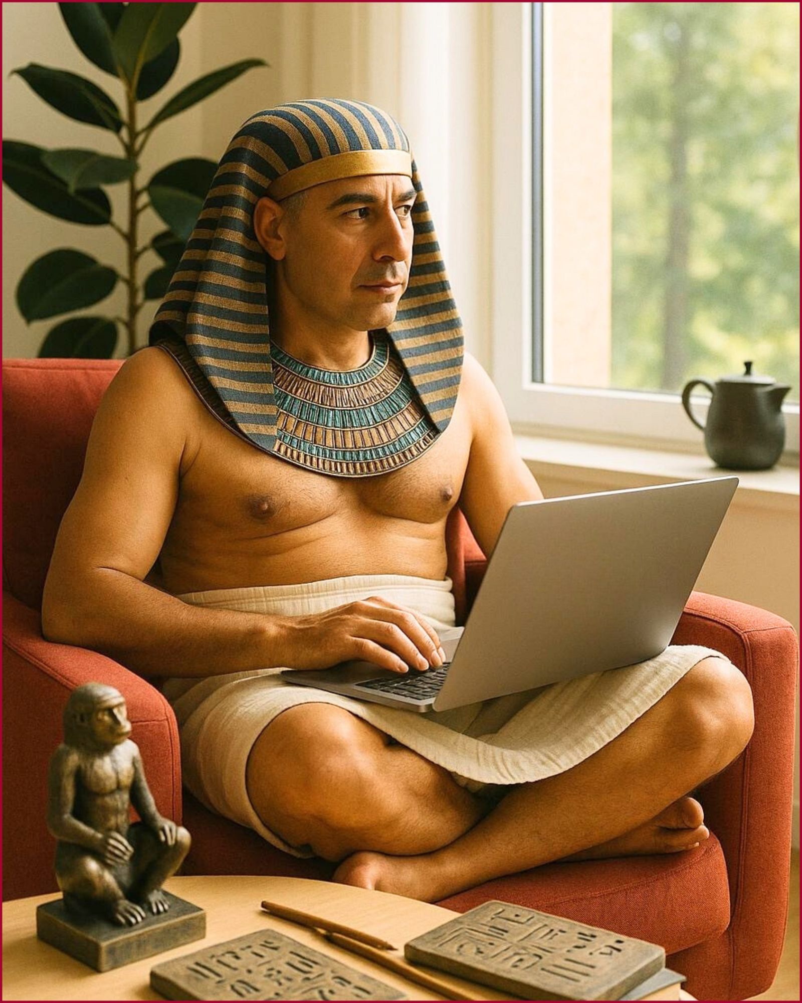 So sieht die KI einen Pharao, der mit einem modernen Notebook statt einem Schreiber schreiben muss.